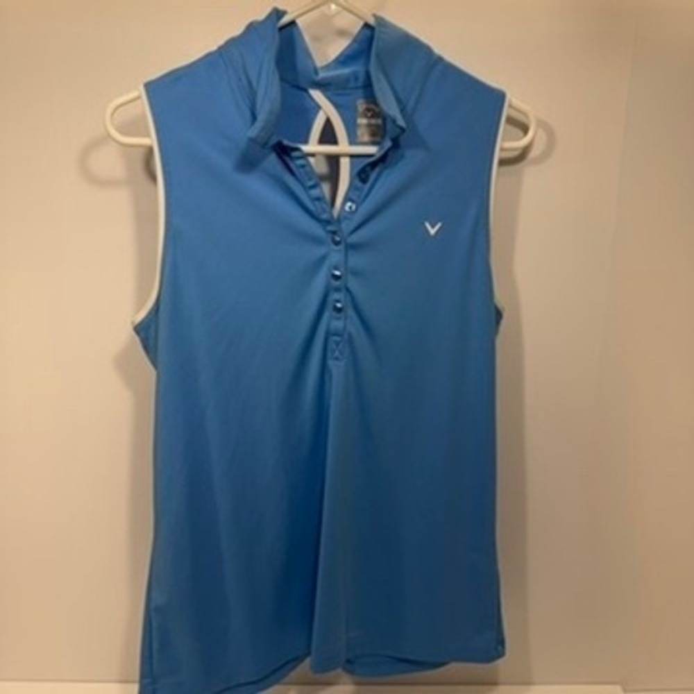 Callaway Opti-Dri Sleeveless Golf Polo Shirt XL Blue White Trim Back Cutout Top